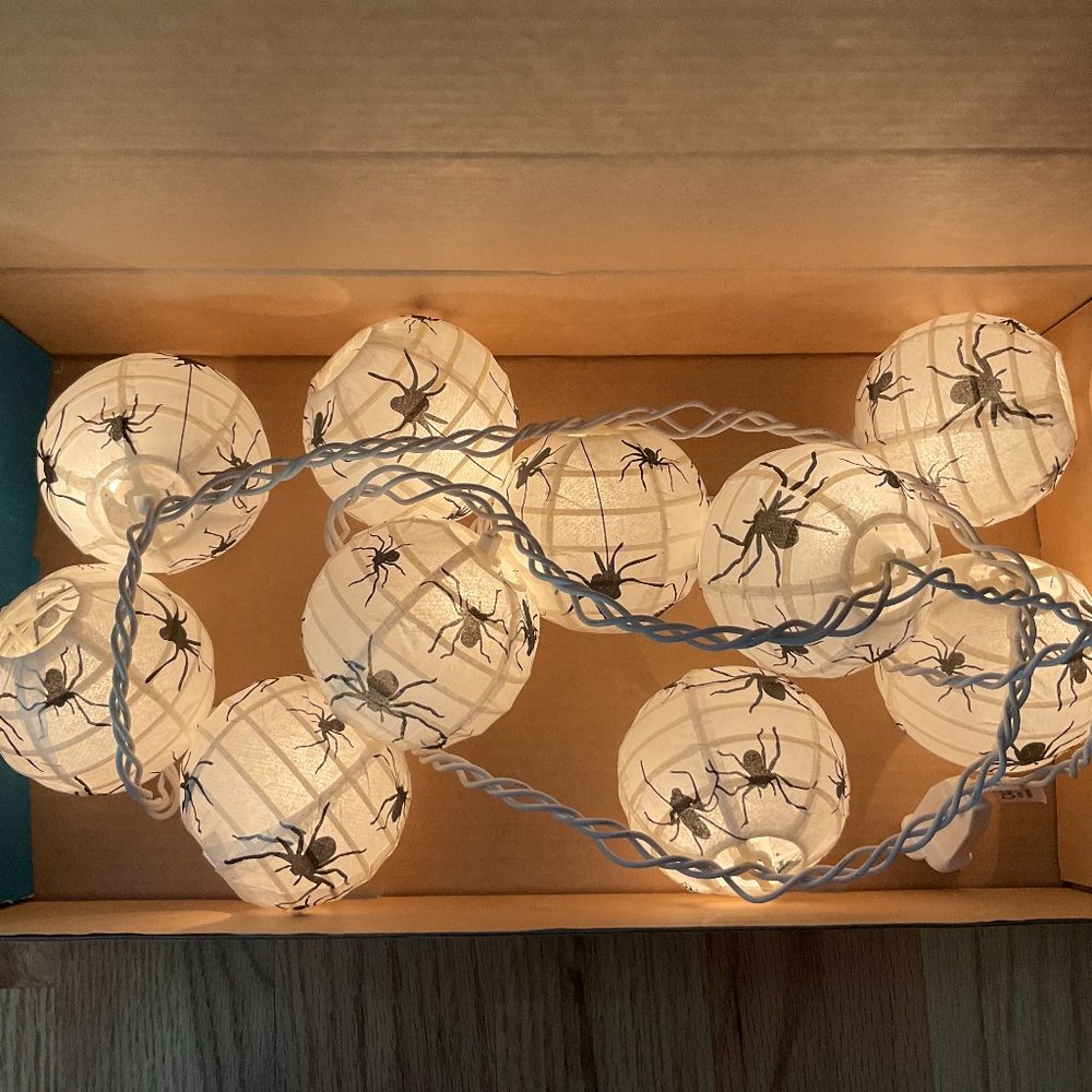 Pottery Barn Halloween Paper Lantern String Lights X 10 White Spiders New in Box